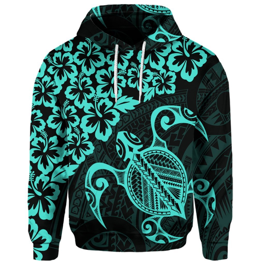 Custom Hawaiian Map Turtle Hibiscus Kanaka Polynesian Hoodie Turquoise - Polynesian Pride