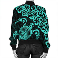 Hawaiian Map Turtle Hibiscus Kanaka Polynesian Bomber Jacket - Turquoise - AH - Polynesian Pride