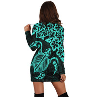 Hawaiian Map Turtle Hibiscus Kanaka Polynesian Hoodie Dress - Turquoise - AH - Polynesian Pride