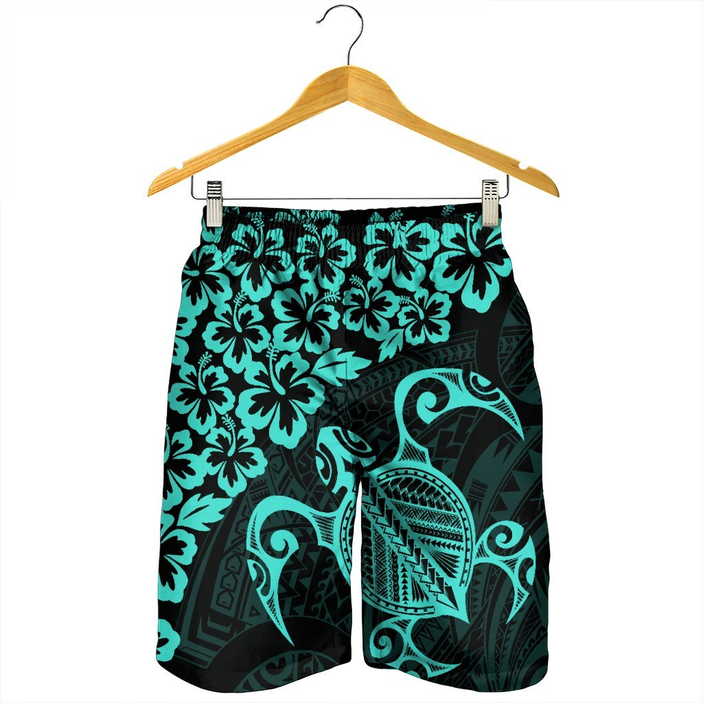 Hawaiian Map Turtle Hibiscus Kanaka Polynesian Men's Shorts - Turquoise - AH - Polynesian Pride