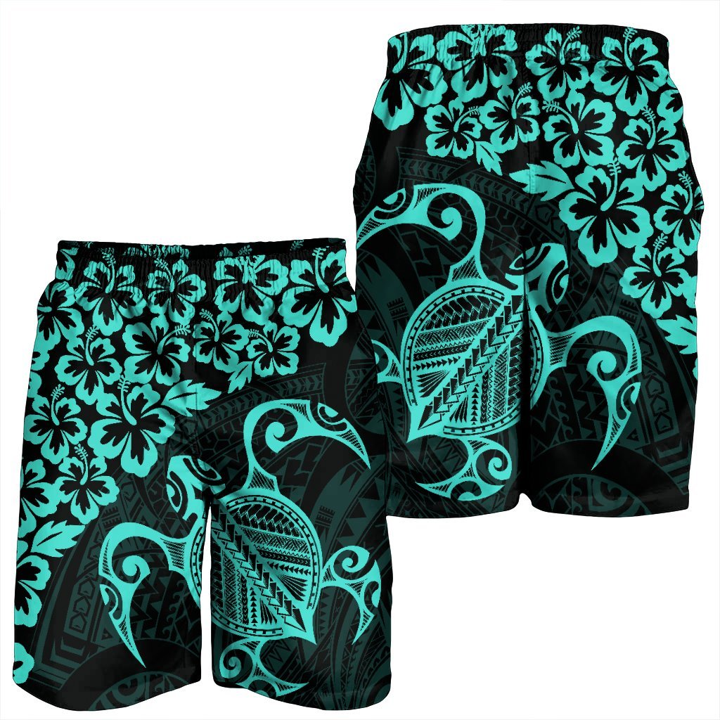 Hawaiian Map Turtle Hibiscus Kanaka Polynesian Men's Shorts - Turquoise - AH - Polynesian Pride
