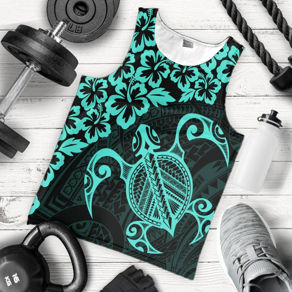 Hawaiian Map Turtle Hibiscus Kanaka Polynesian Tank Top - Turquoise - AH - Polynesian Pride