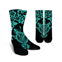 Hawaiian Map Turtle Hibiscus Kanaka Polynesian Crew Socks - Turquoise - AH Crew Socks White - Polynesian Pride
