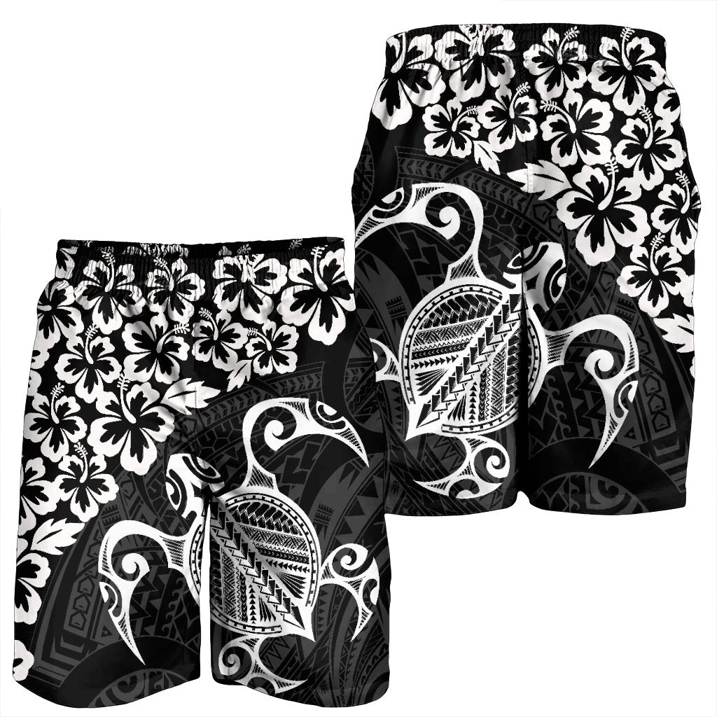 Hawaiian Map Turtle Hibiscus Kanaka Polynesian Men's Shorts - White - AH - Polynesian Pride