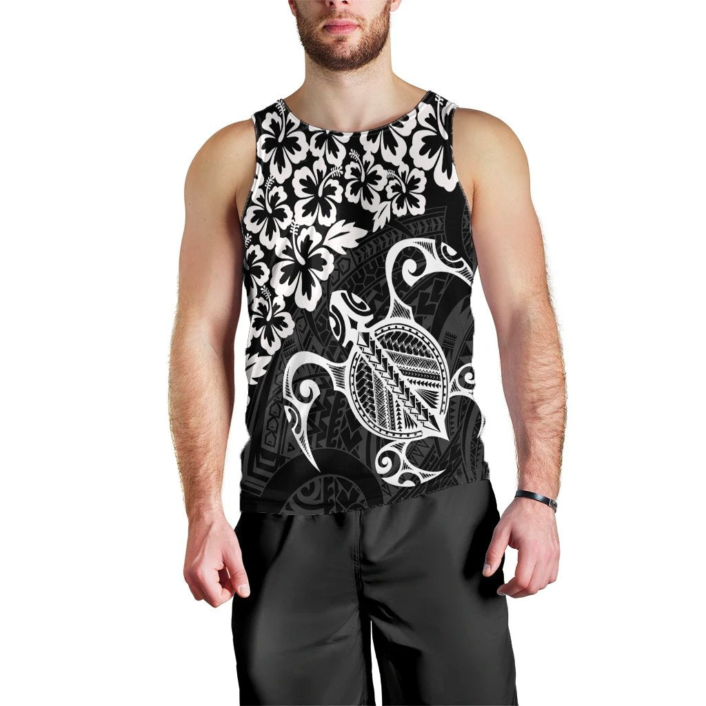 Hawaiian Map Turtle Hibiscus Kanaka Polynesian Tank Top - White - AH Black - Polynesian Pride