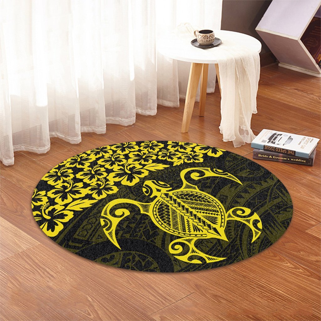 Hawaiian Map Turtle Hibiscus Kanaka Polynesian Round Carpet - Yellow - AH - Polynesian Pride