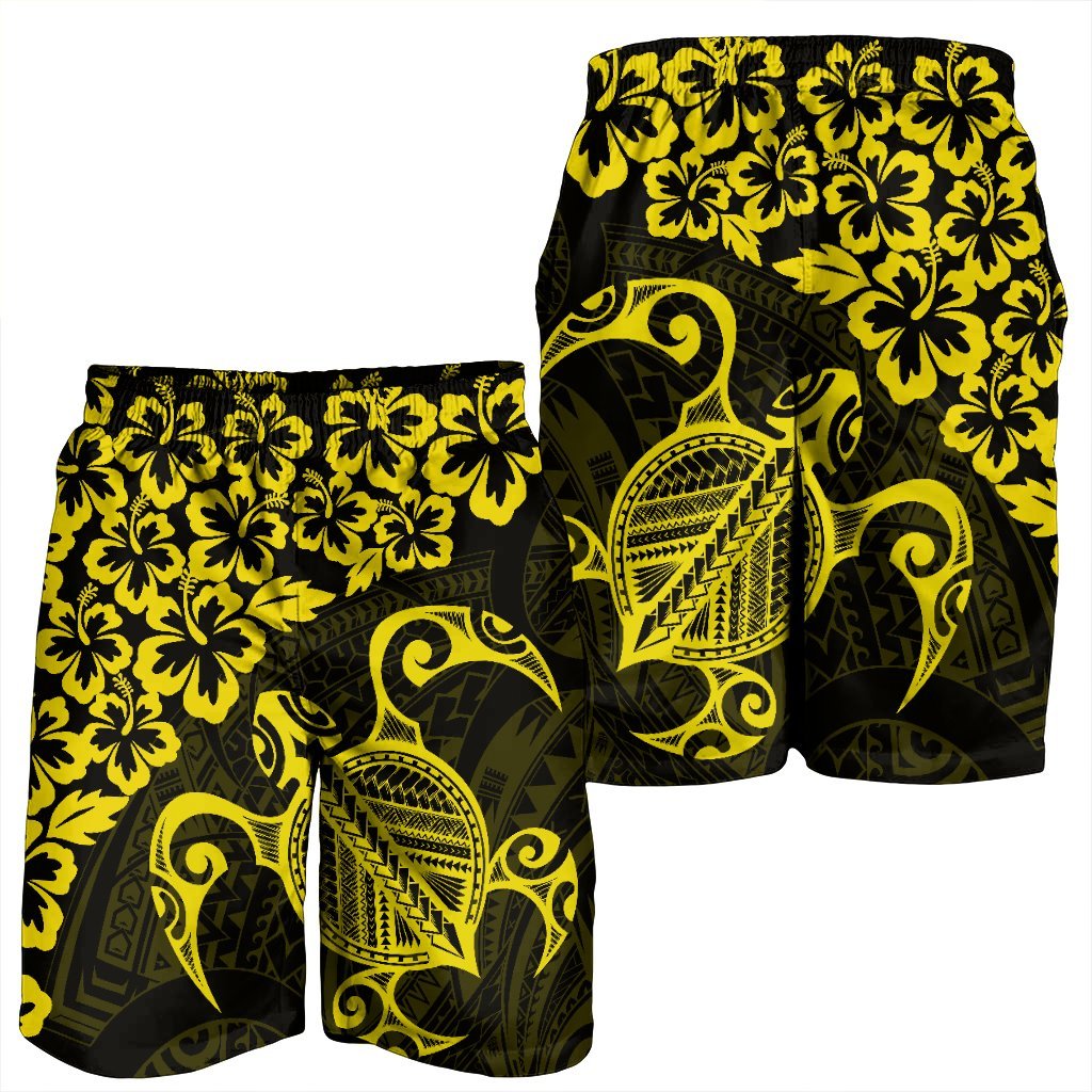 Hawaiian Map Turtle Hibiscus Kanaka Polynesian Men's Shorts - Yellow - AH - Polynesian Pride