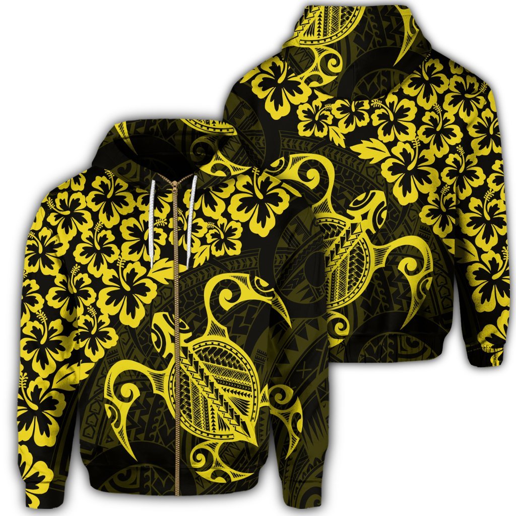 Hawaiian Map Turtle Hibiscus Kanaka Polynesian Zip Hoodie Yellow Unisex Art - Polynesian Pride