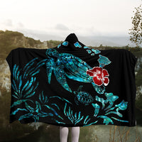 Hawaiian Map Turtle Hibiscus Ohana Honu Paua Shell Hooded Blanket - AH - Polynesian Pride
