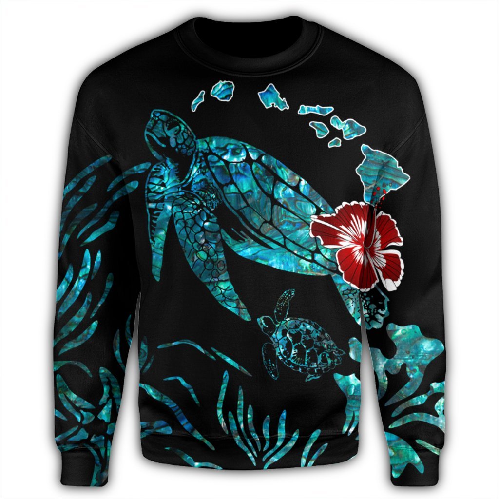 Hawaiian Map Turtle Hibiscus Ohana Honu Paua Shell Sweatshirt - AH - Polynesian Pride
