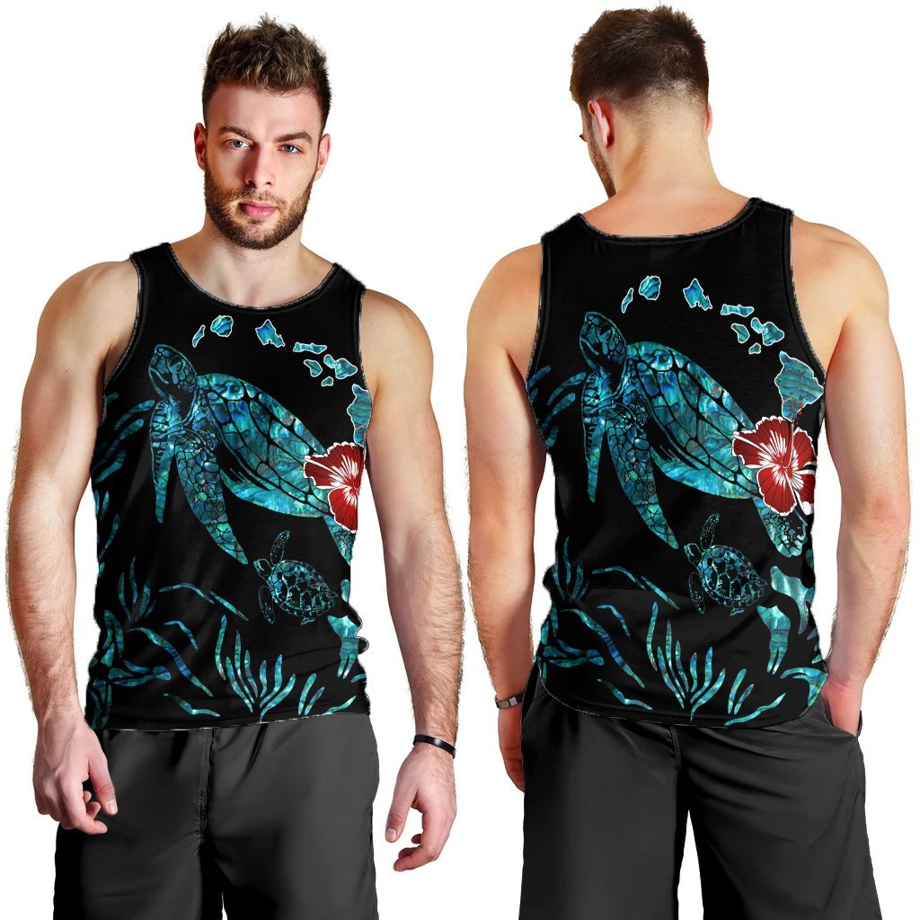 Hawaiian Map Turtle Hibiscus Ohana Honu Paua Shell Tank Top - AH - Polynesian Pride