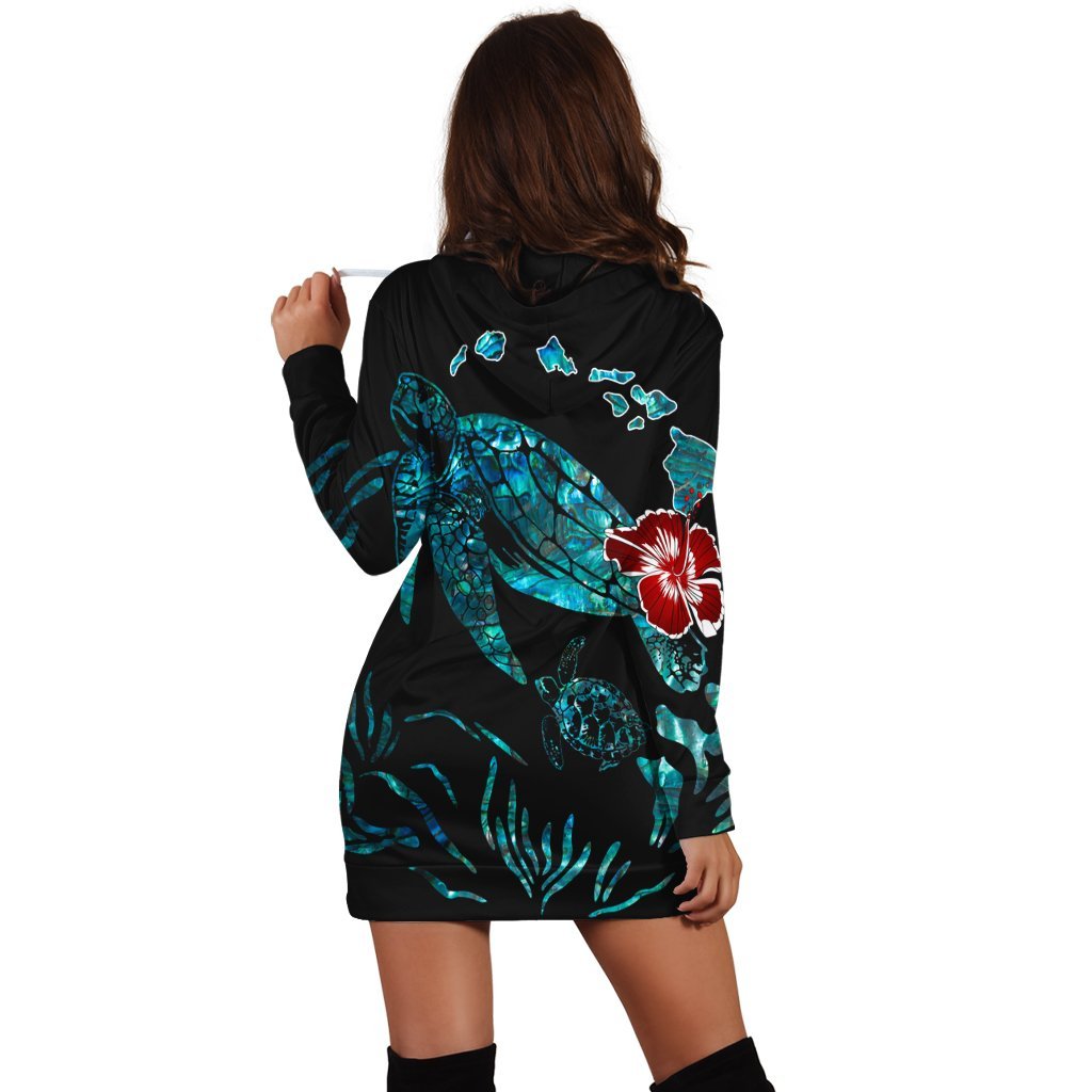 Hawaiian Map Turtle Hibiscus Ohana Honu Paua Shell Hoodie Dress - AH - Polynesian Pride