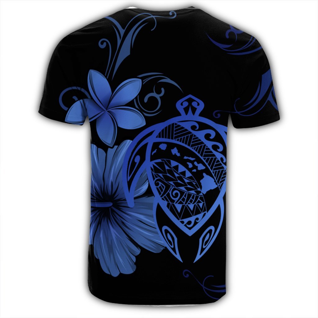 Hawaiian Map Turtle Hibiscus Plumeria Polynesian T Shirt Blue - Polynesian Pride