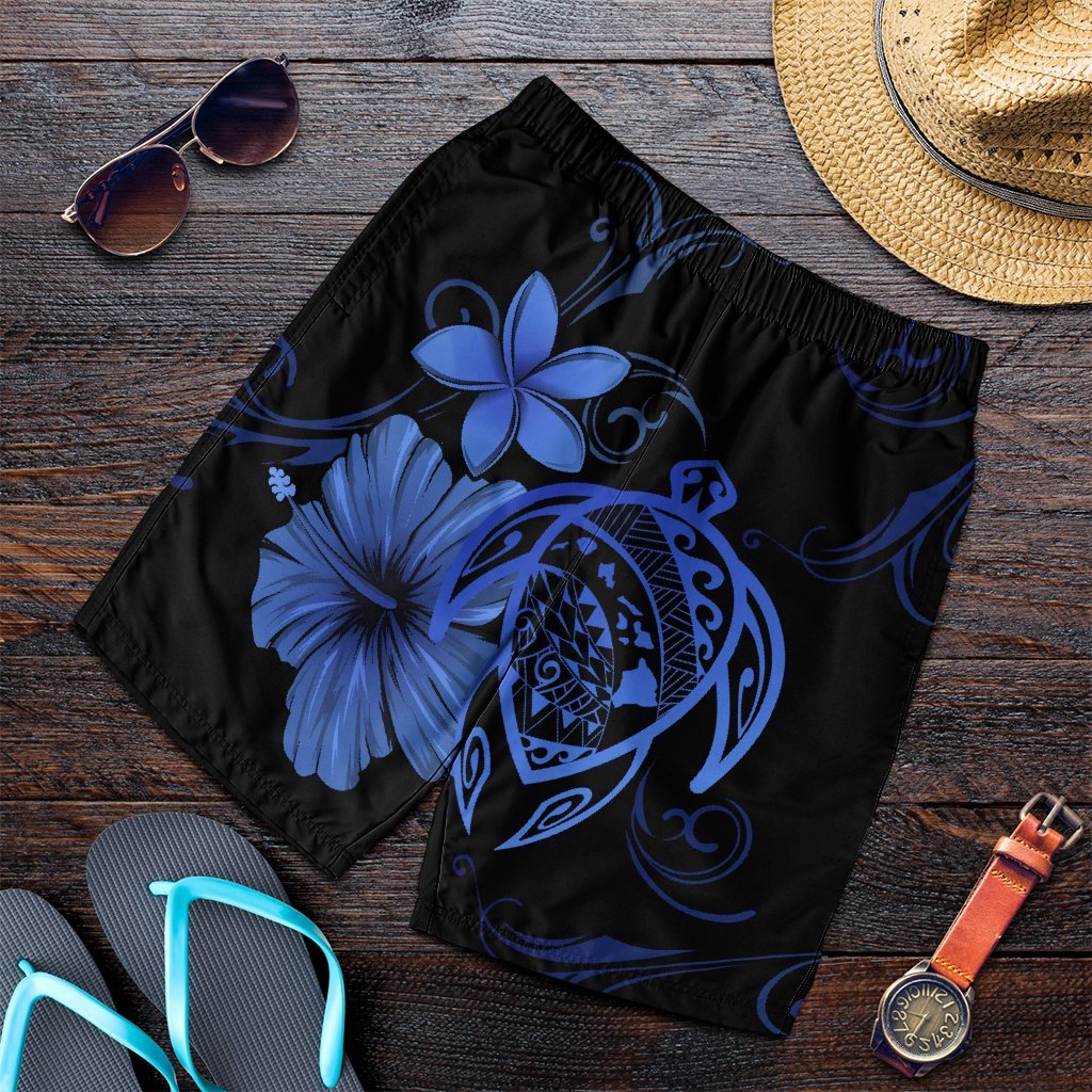 Hawaiian Map Turtle Hibiscus Plumeria Polynesian Men's Shorts - Blue - AH Art - Polynesian Pride