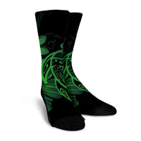 Hawaiian Map Turtle Hibiscus Plumeria Polynesian Crew Socks - Green - AH - Polynesian Pride