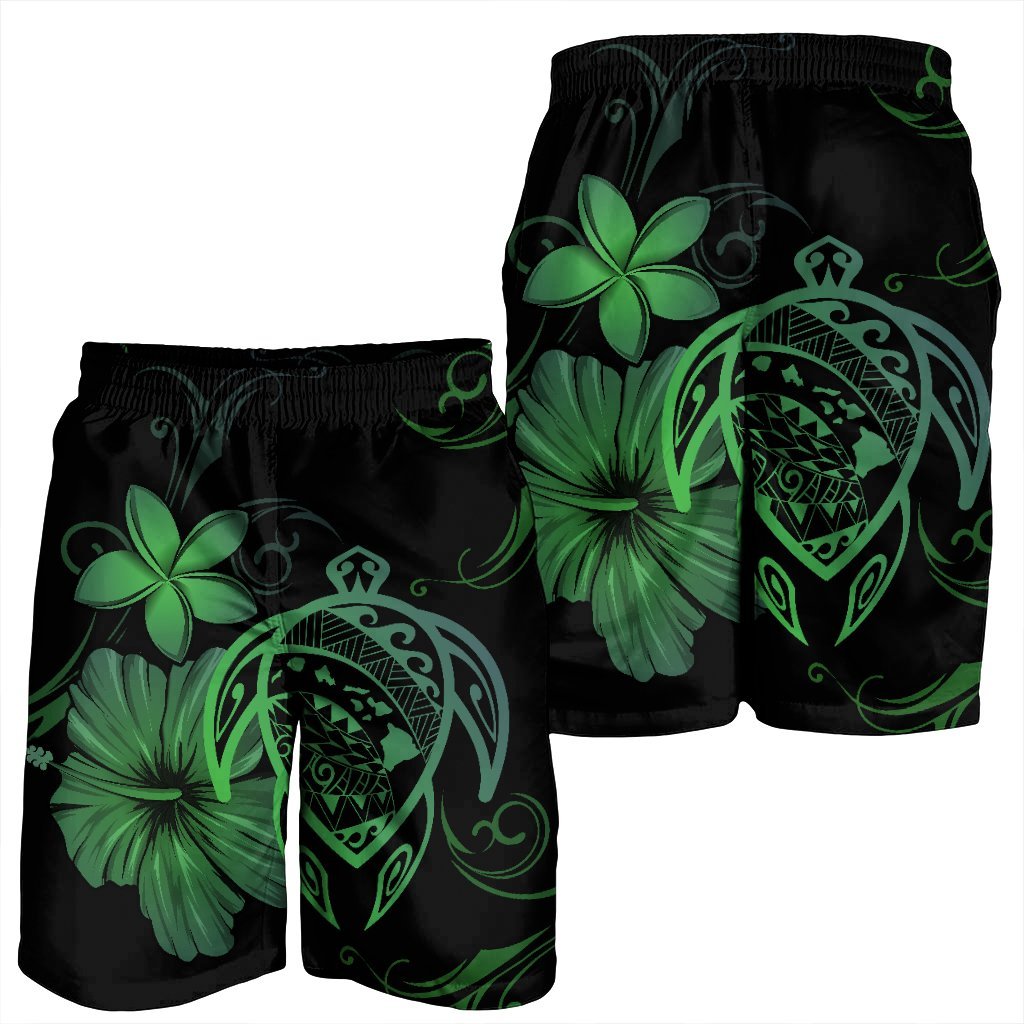 Hawaiian Map Turtle Hibiscus Plumeria Polynesian Men's Shorts - Green - AH - Polynesian Pride