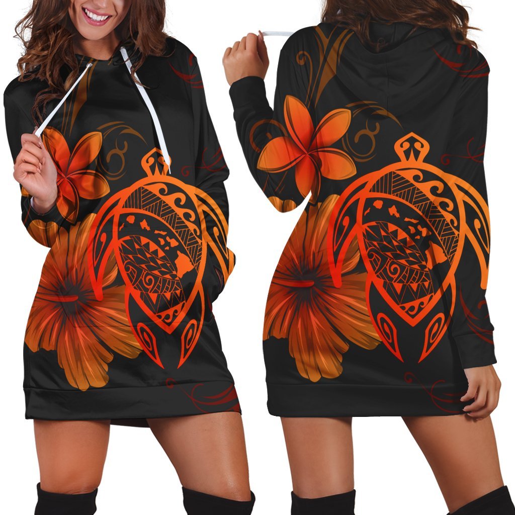 Hawaiian Map Turtle Hibiscus Plumeria Polynesian Hoodie Dress - Orange - AH Black - Polynesian Pride