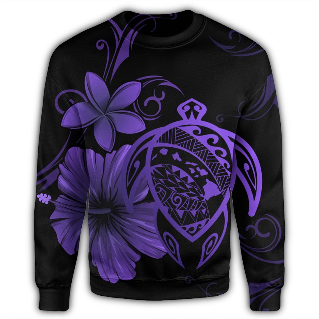 Hawaiian Map Turtle Hibiscus Plumeria Polynesian Sweatshirt - Purple - AH - Polynesian Pride