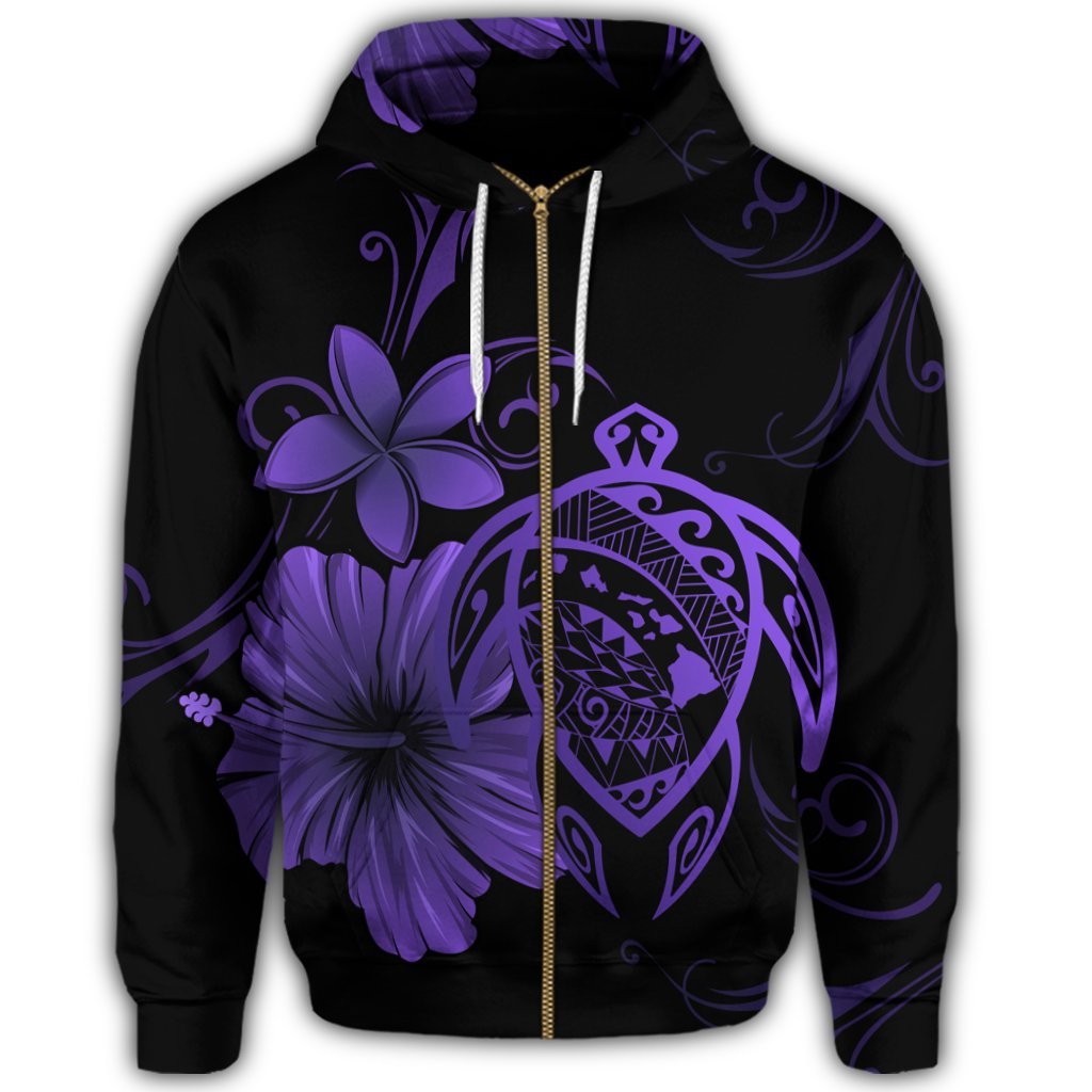 Hawaiian Map Turtle Hibiscus Plumeria Polynesian Zip Hoodie Purple - Polynesian Pride