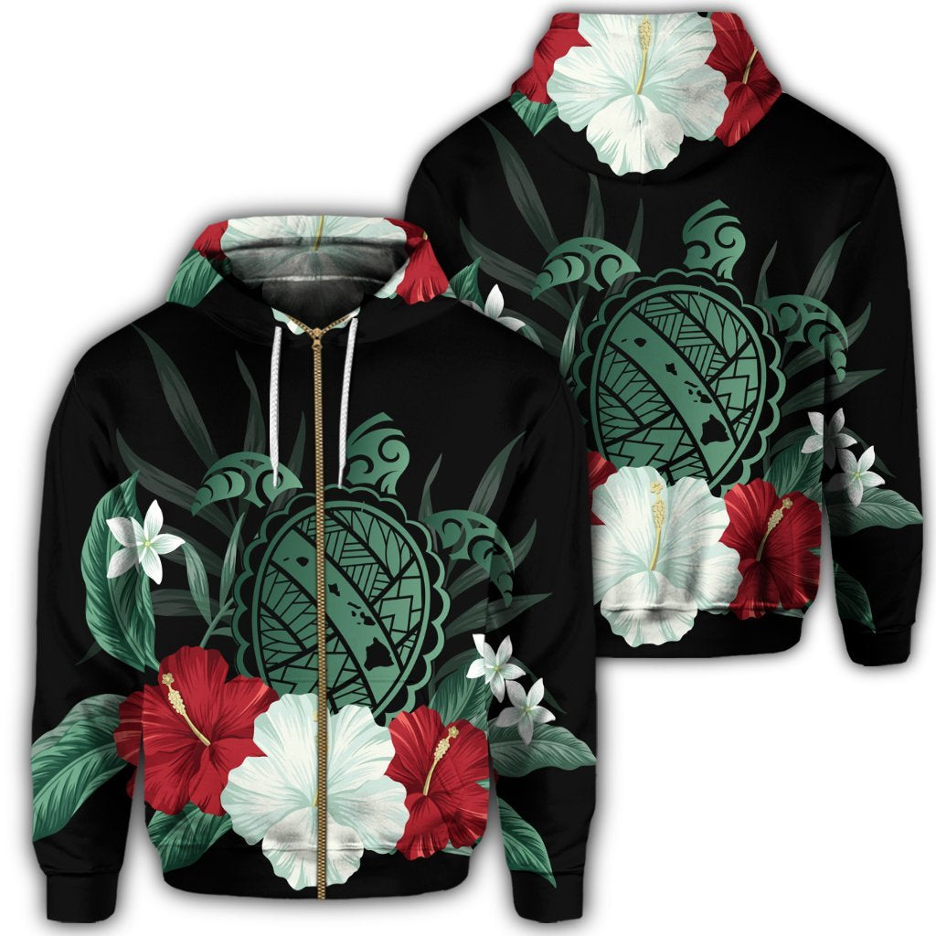 Hawaiian Map Turtle Hibiscus Polynesian Zip Hoodie Unisex Art - Polynesian Pride