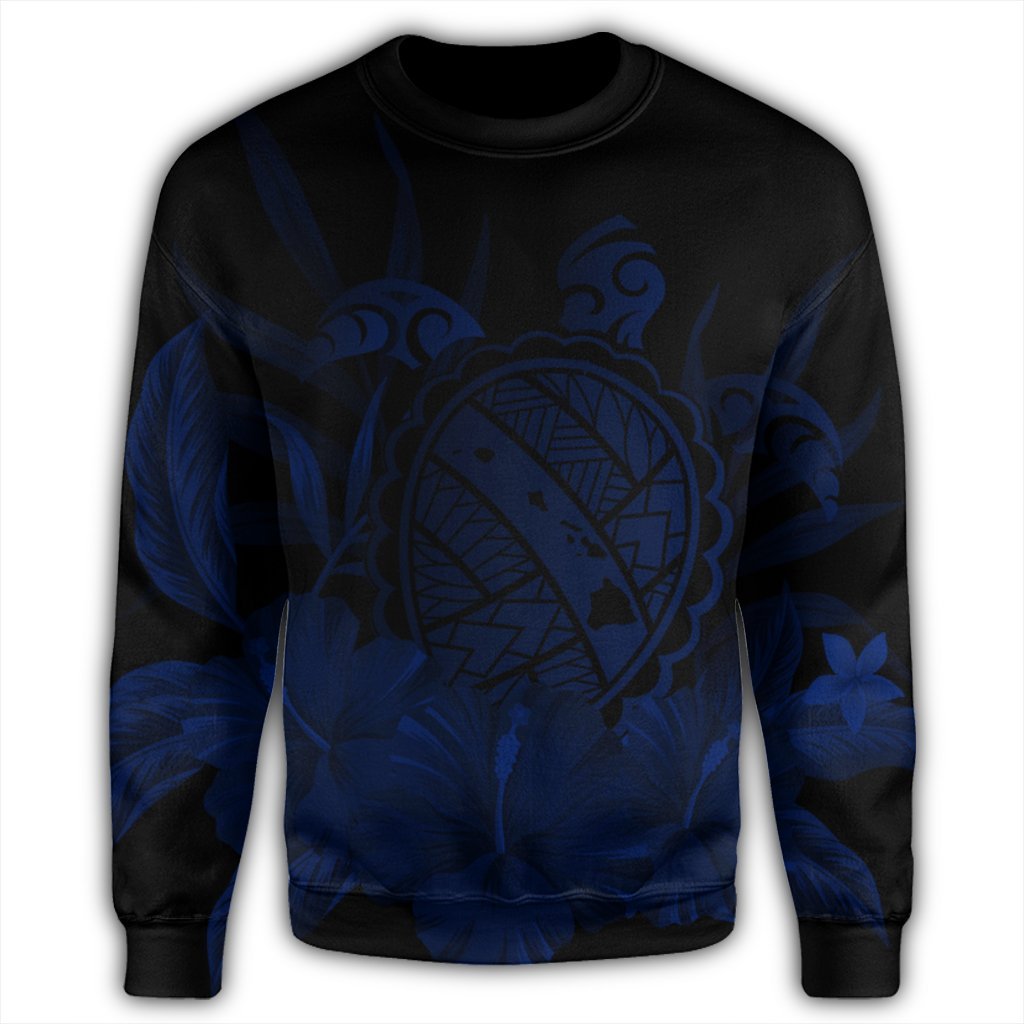 Hawaiian Map Turtle Hibiscus Polynesian Sweatshirt - Blue - AH - Polynesian Pride