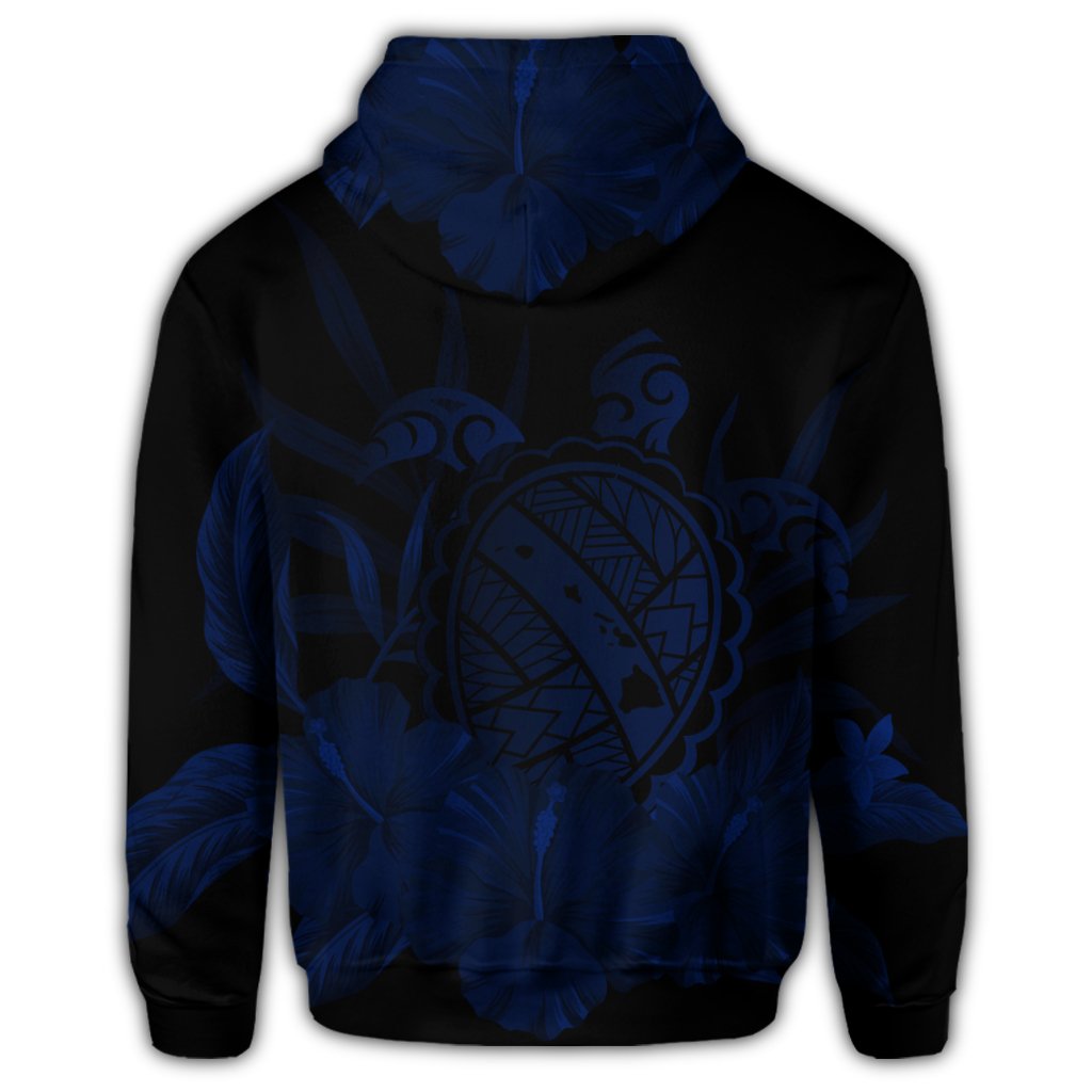 Hawaiian Map Turtle Hibiscus Polynesian Hoodie Blue - Polynesian Pride