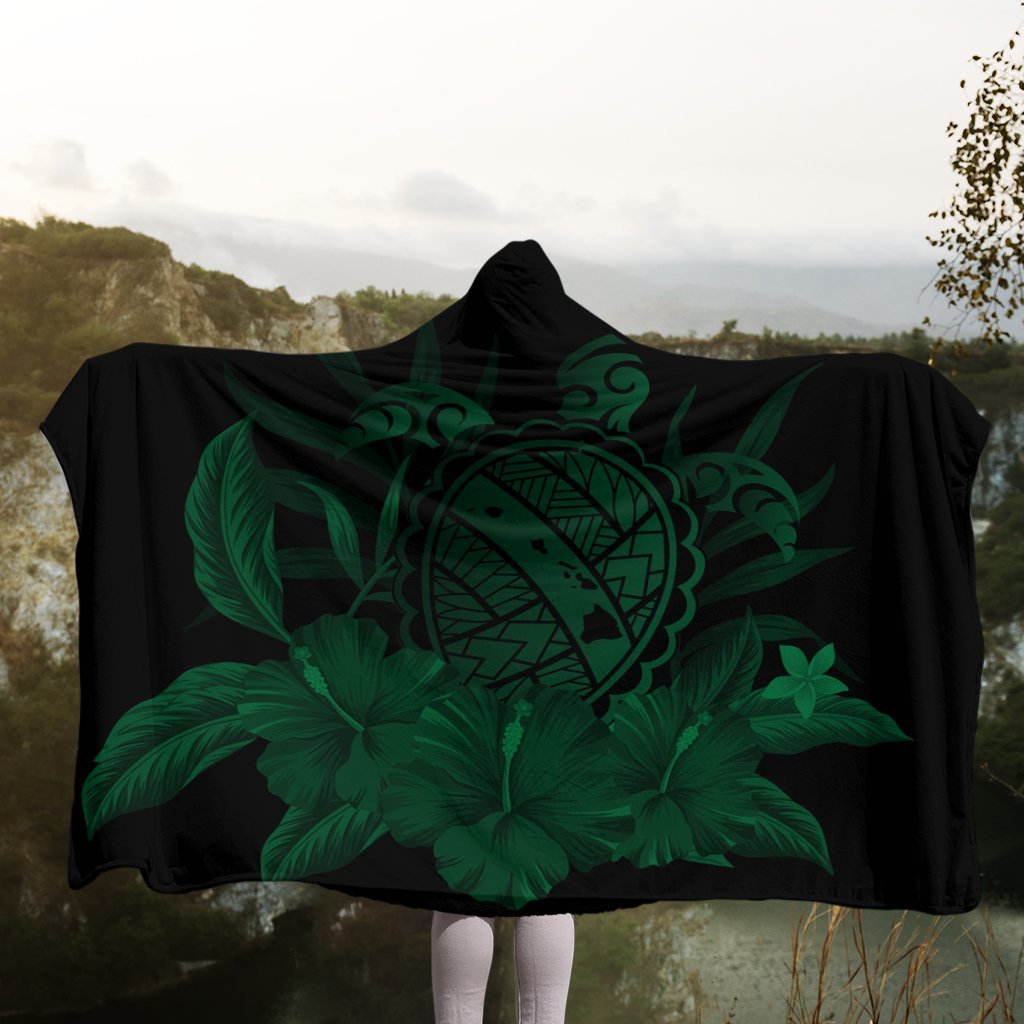 Hawaiian Map Turtle Hibiscus Polynesian Hooded Blanket - Green - AH - Polynesian Pride