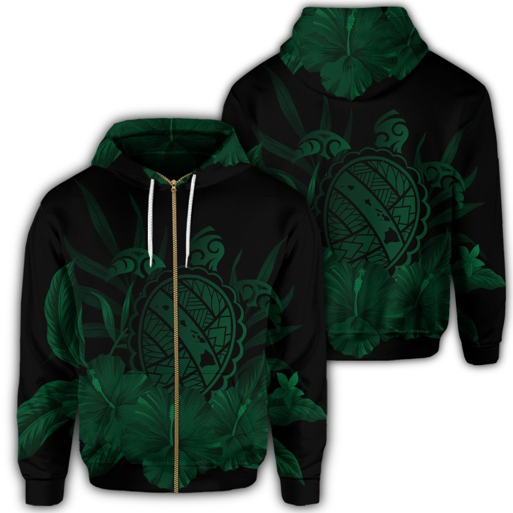 Hawaiian Map Turtle Hibiscus Polynesian Zip Hoodie Green Unisex Art - Polynesian Pride