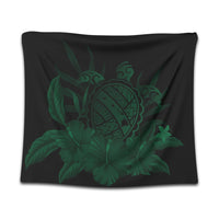 Hawaiian Map Turtle Hibiscus Polynesian Tapestry - Green - AH Wall Tapestry Black - Polynesian Pride