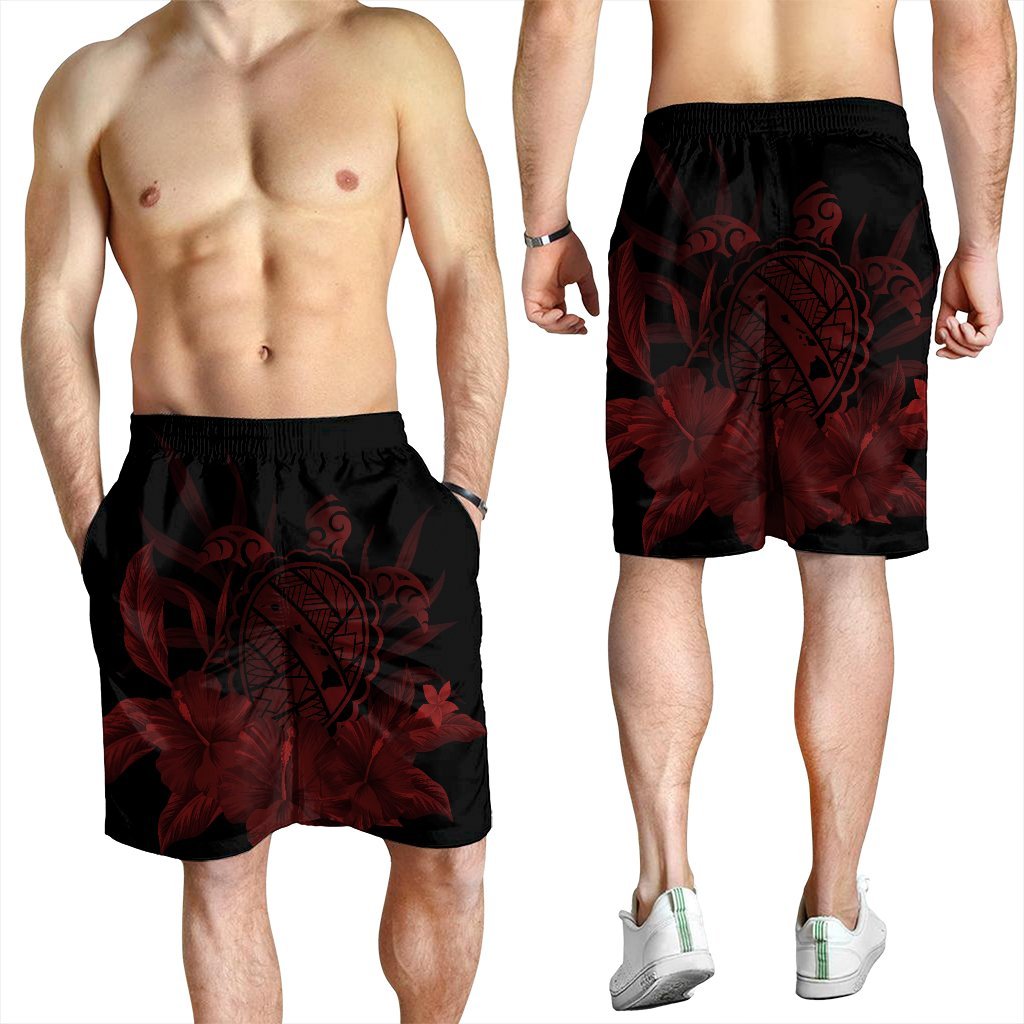 Hawaiian Map Turtle Hibiscus Polynesian Men's Shorts - Red - AH - Polynesian Pride