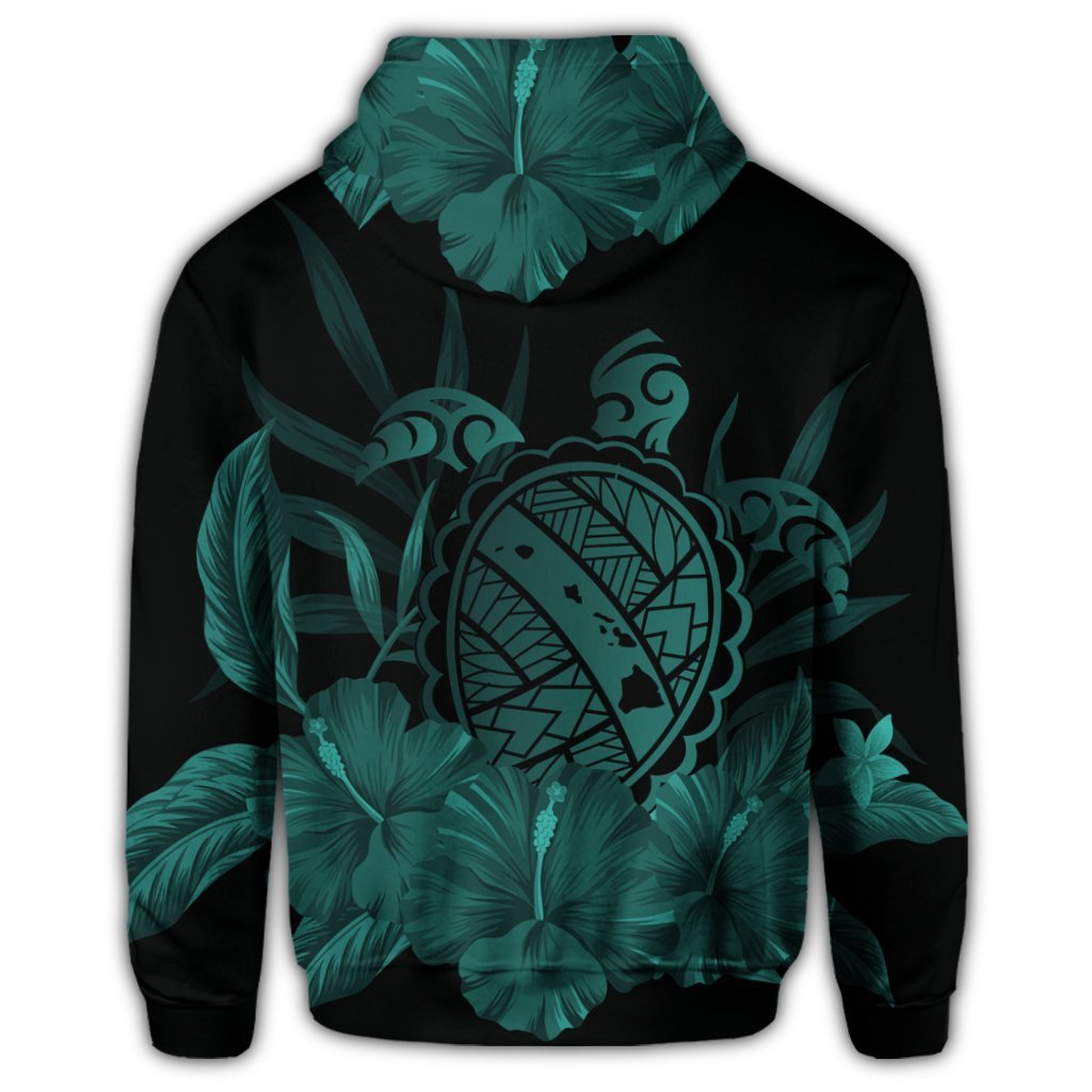 Hawaiian Map Turtle Hibiscus Polynesian Zip Hoodie Turquoise - Polynesian Pride