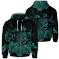 Hawaiian Map Turtle Hibiscus Polynesian Zip Hoodie Turquoise Unisex Art - Polynesian Pride