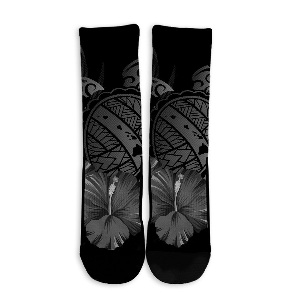 Hawaiian Map Turtle Hibiscus Polynesian Crew Socks - White - AH - Polynesian Pride
