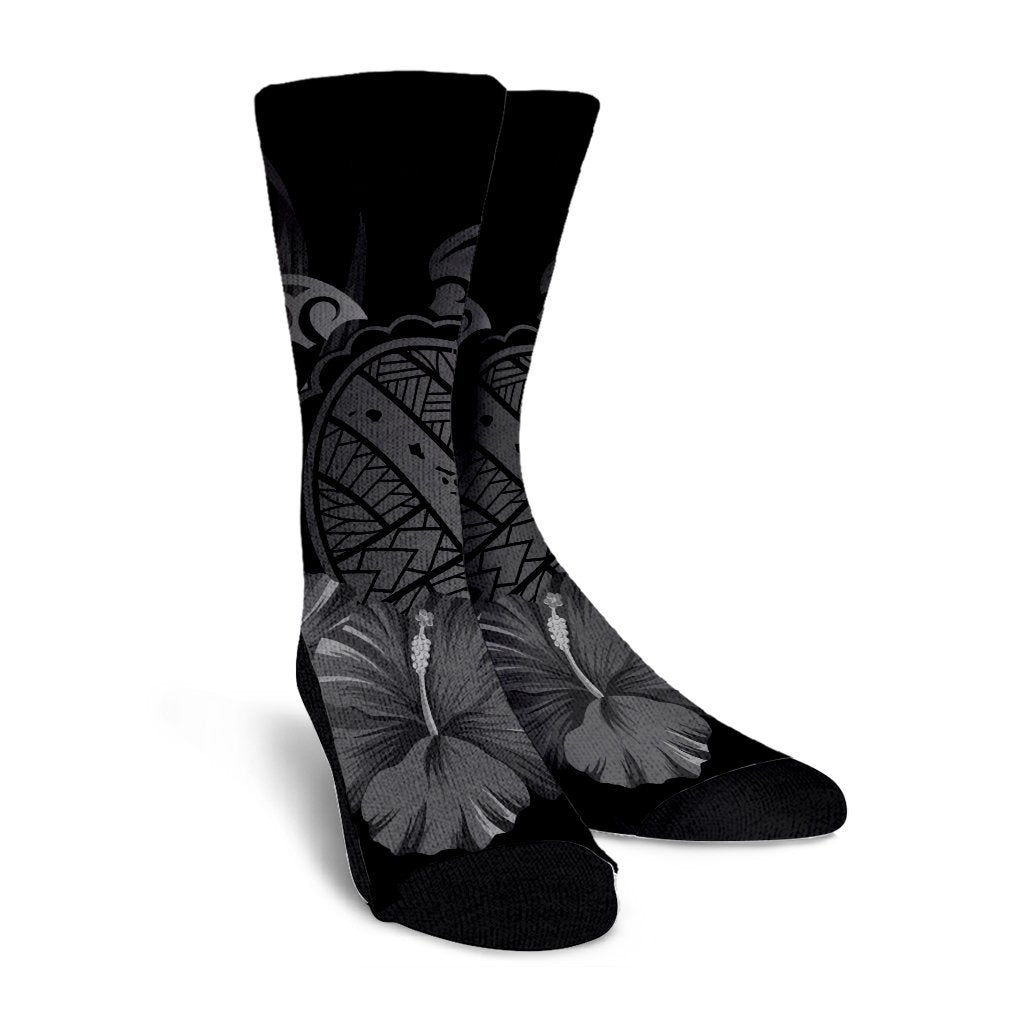Hawaiian Map Turtle Hibiscus Polynesian Crew Socks - White - AH - Polynesian Pride