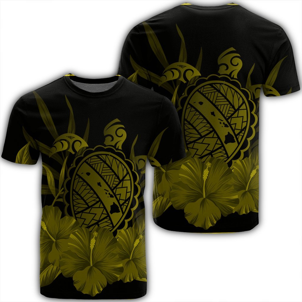 Hawaiian Map Turtle Hibiscus Polynesian T Shirt Yellow Unisex Black - Polynesian Pride