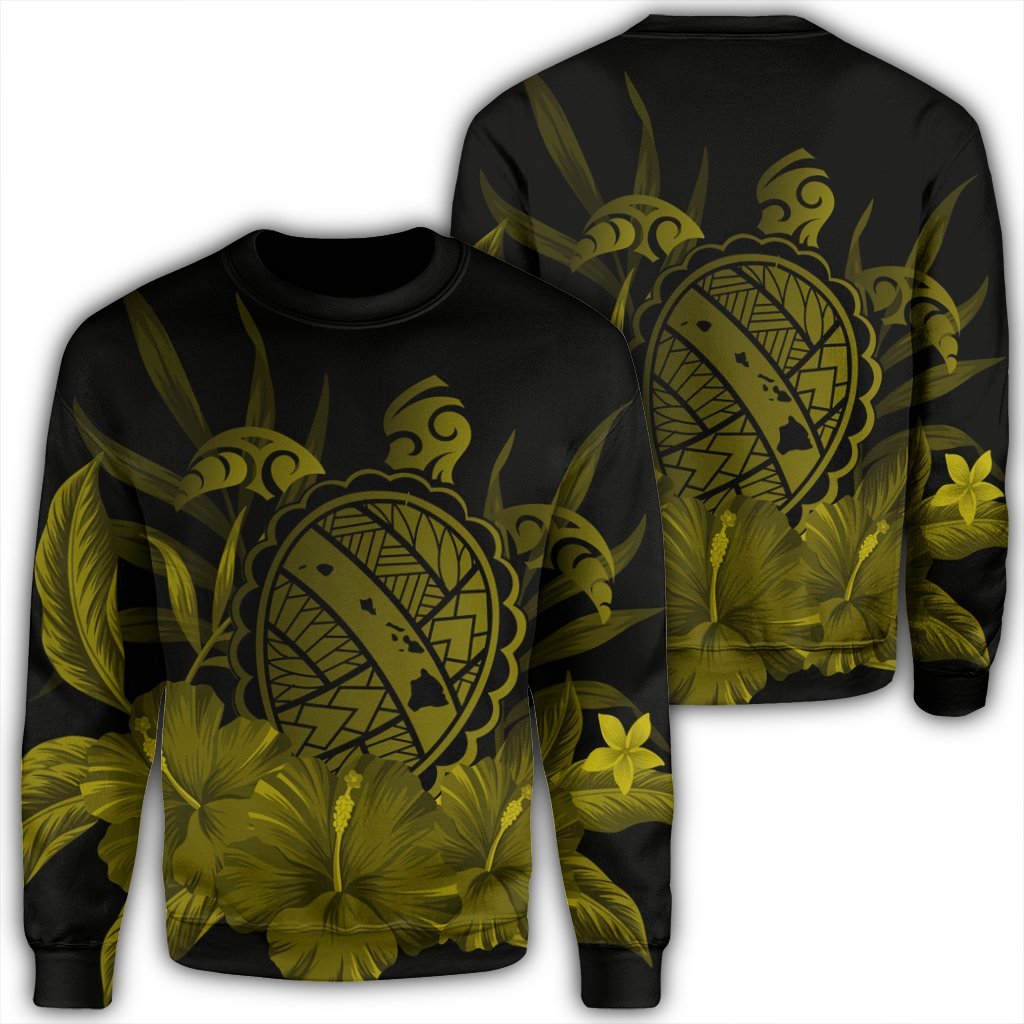 Hawaiian Map Turtle Hibiscus Polynesian Sweatshirt - Yellow - AH Unisex Black - Polynesian Pride