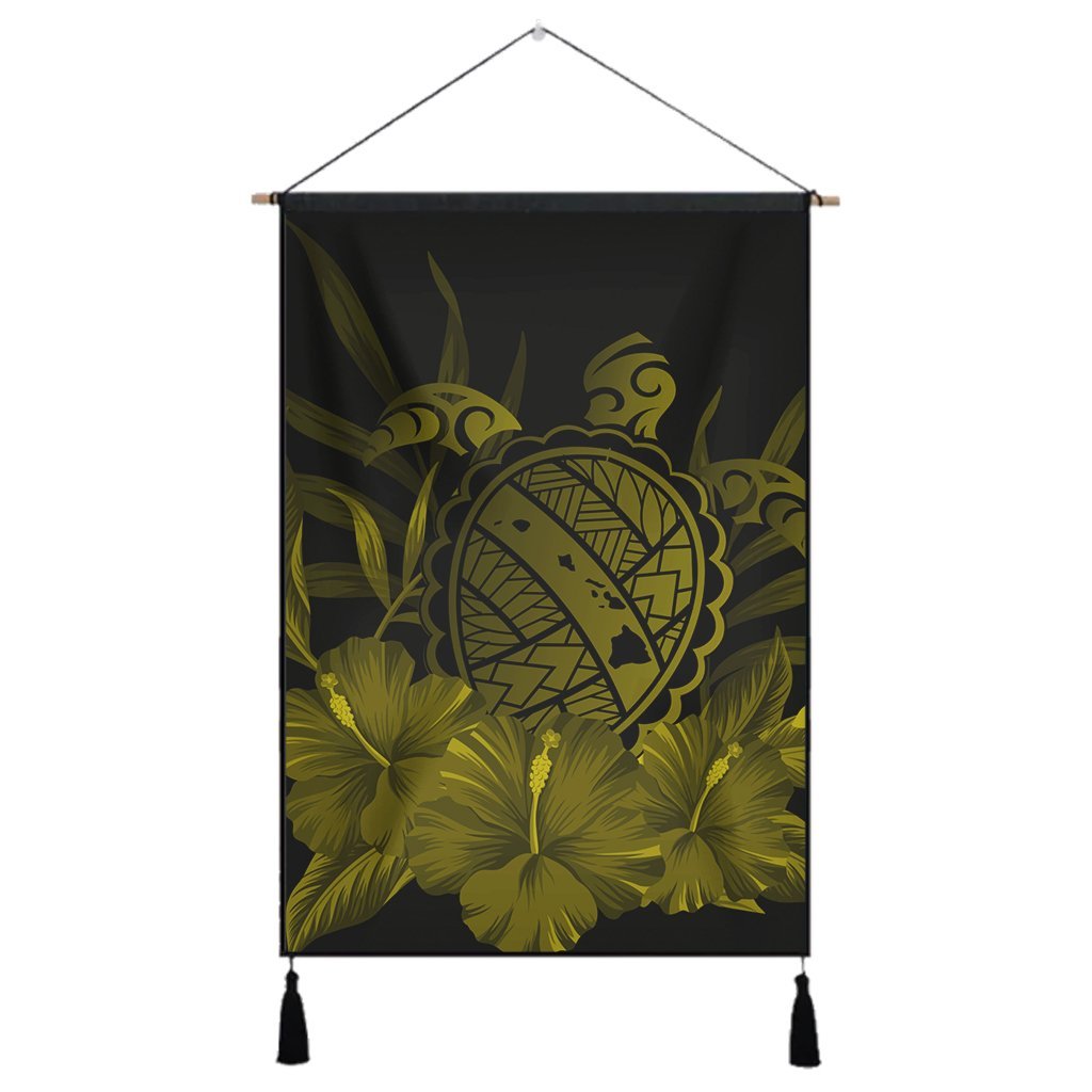 Hawaiian Map Turtle Hibiscus Polynesian Hanging Poster - Yellow - AH Hanging Poster Cotton And Linen - Polynesian Pride