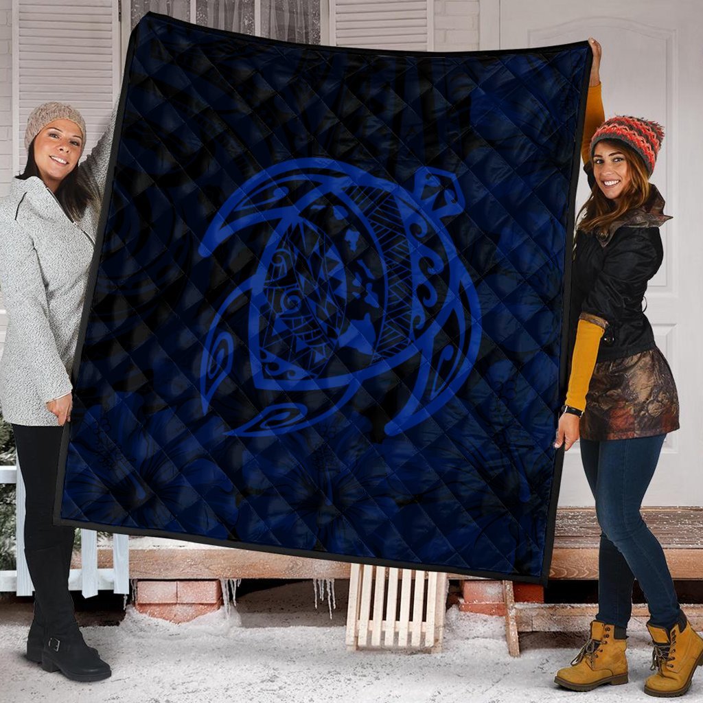 Hawaiian Map Turtle Kanaka Hibiscus Polynesian Premium Quilts - Blue - AH - Polynesian Pride