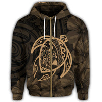 Hawaiian Map Turtle Kanaka Hibiscus Polynesian Zip Hoodie Gold - Polynesian Pride