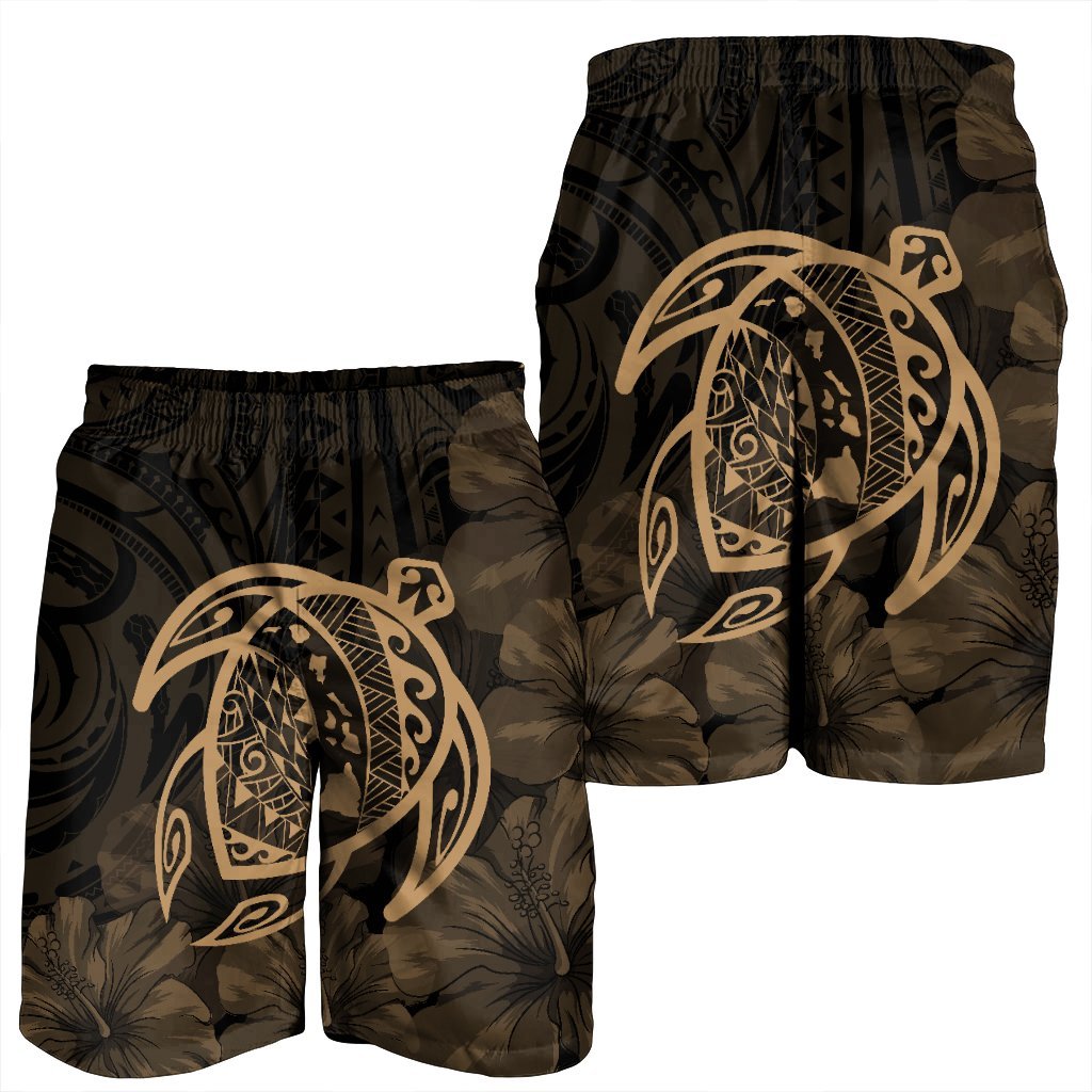 Hawaiian Map Turtle Kanaka Hibiscus Polynesian Men's Shorts - Gold - AH - Polynesian Pride