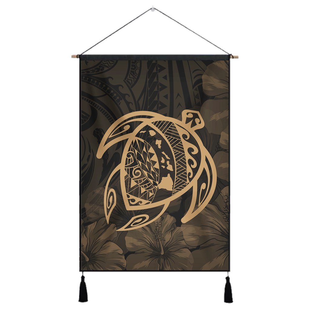 Hawaiian Map Turtle Kanaka Hibiscus Polynesian Hanging Poster - Gold - AH Hanging Poster Cotton And Linen - Polynesian Pride