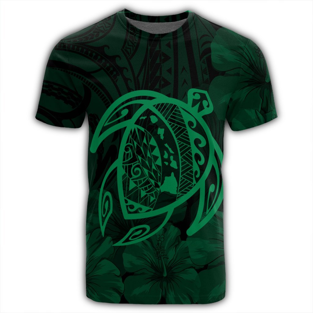 Hawaiian Map Turtle Kanaka Hibiscus Polynesian T Shirt Green - Polynesian Pride