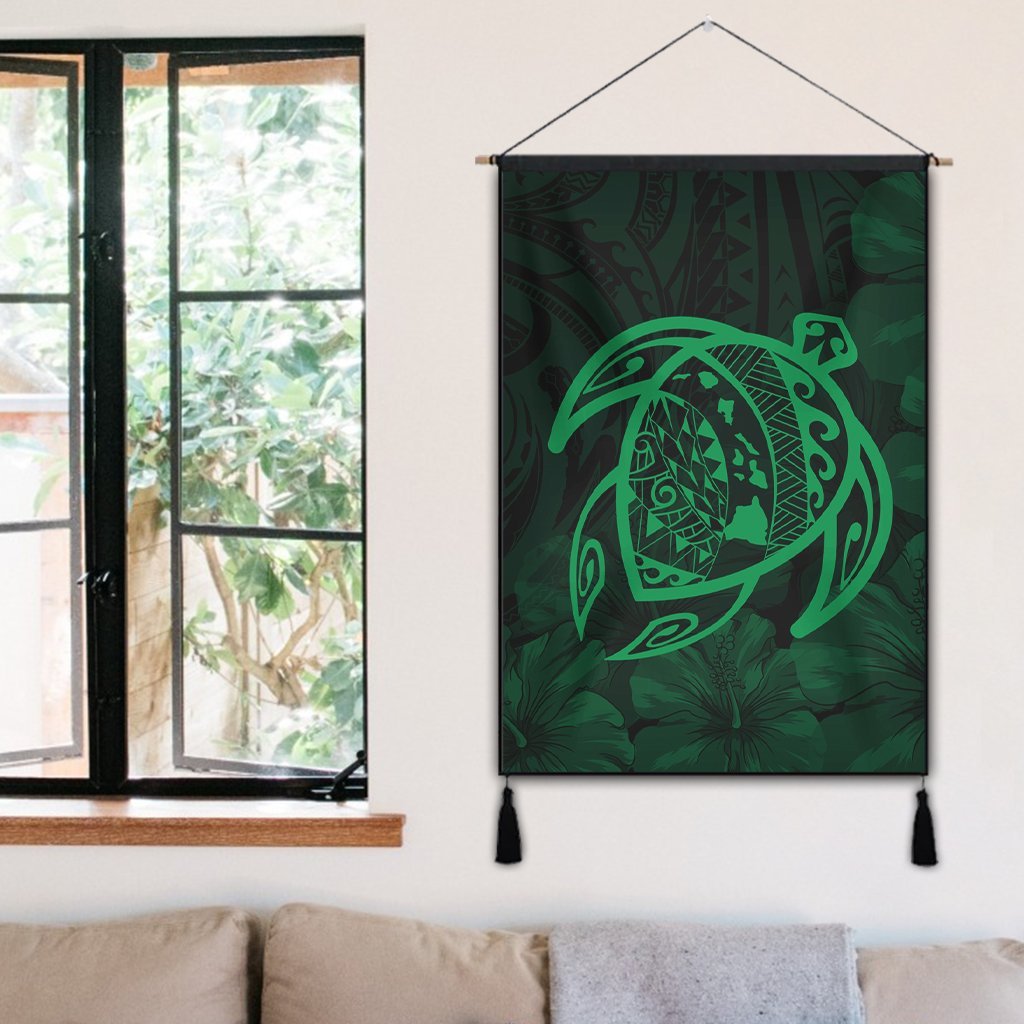 Hawaiian Map Turtle Kanaka Hibiscus Polynesian Hanging Poster - Green - AH - Polynesian Pride
