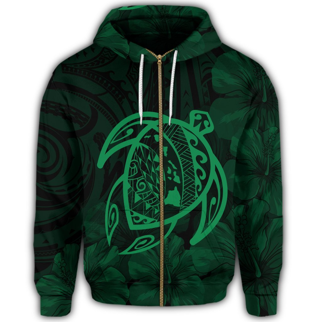 Hawaiian Map Turtle Kanaka Hibiscus Polynesian Zip Hoodie Green - Polynesian Pride