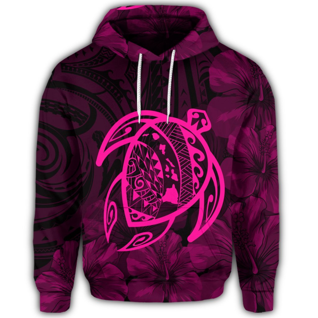 Hawaiian Map Turtle Kanaka Hibiscus Polynesian Hoodie Pink - Polynesian Pride