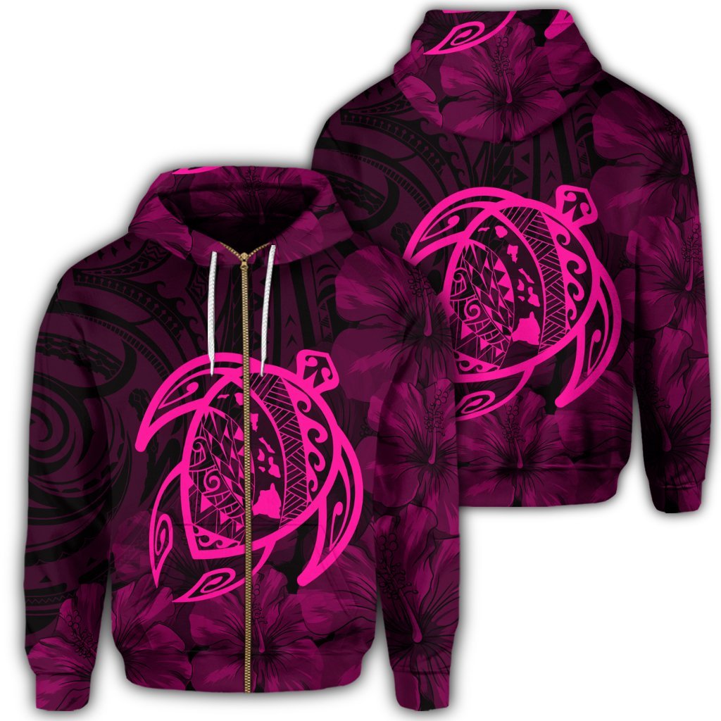 Hawaiian Map Turtle Kanaka Hibiscus Polynesian Zip Hoodie Pink Unisex Art - Polynesian Pride
