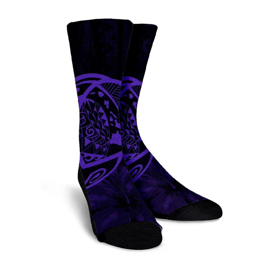 Hawaiian Map Turtle Kanaka Hibiscus Polynesian Crew Socks - Purple - AH - Polynesian Pride