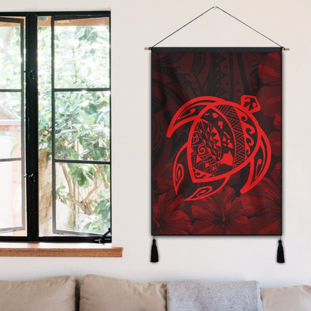 Hawaiian Map Turtle Kanaka Hibiscus Polynesian Hanging Poster - Red - AH - Polynesian Pride