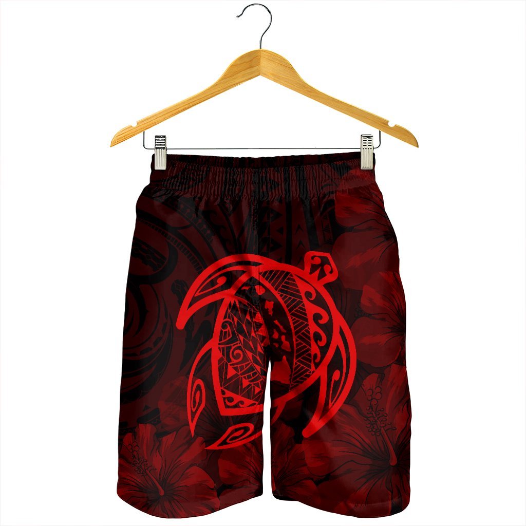 Hawaiian Map Turtle Kanaka Hibiscus Polynesian Men's Shorts - Red - AH - Polynesian Pride