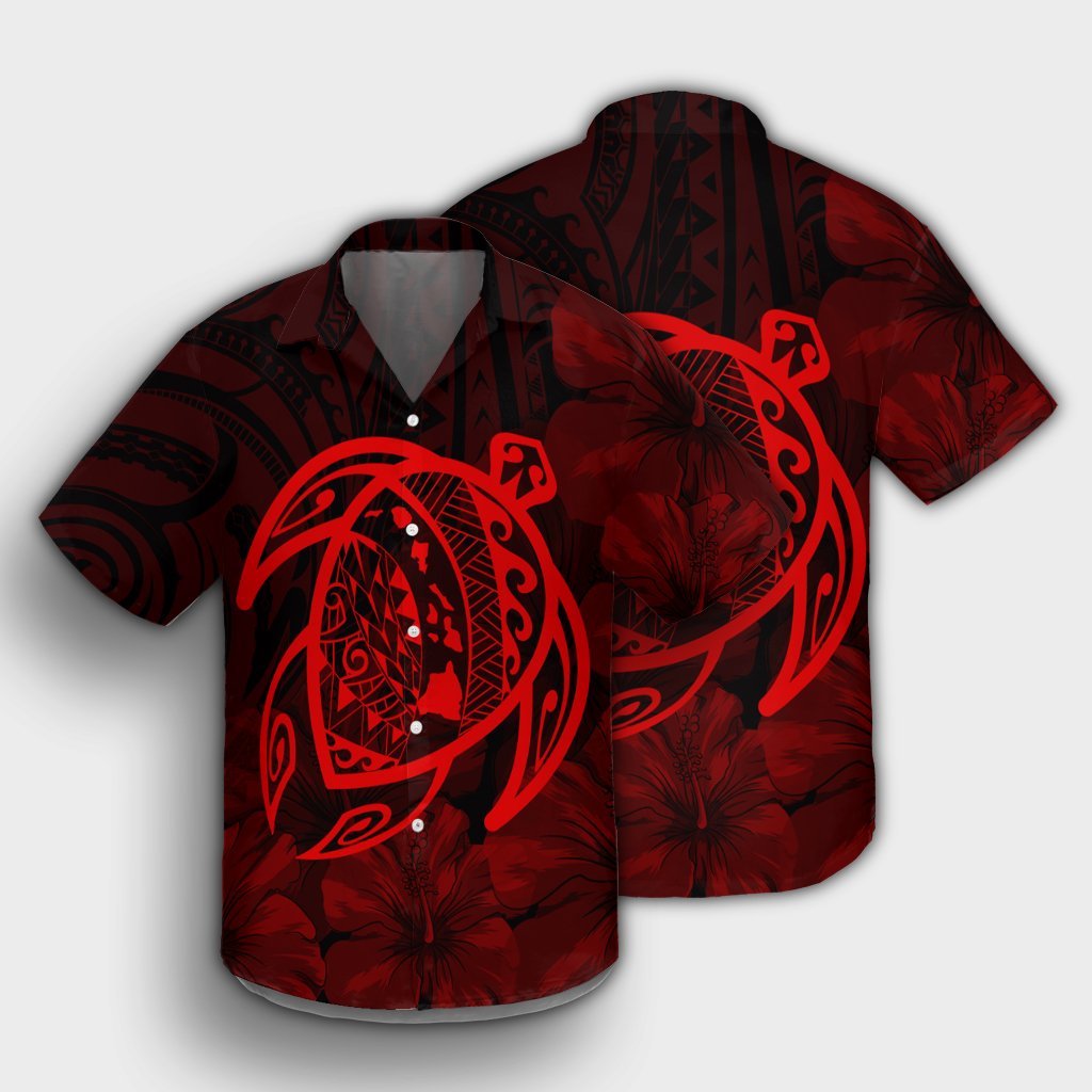Hawaiian Map Turtle Kanaka Hibiscus Polynesian Hawaiian Shirt - Red - AH - Polynesian Pride